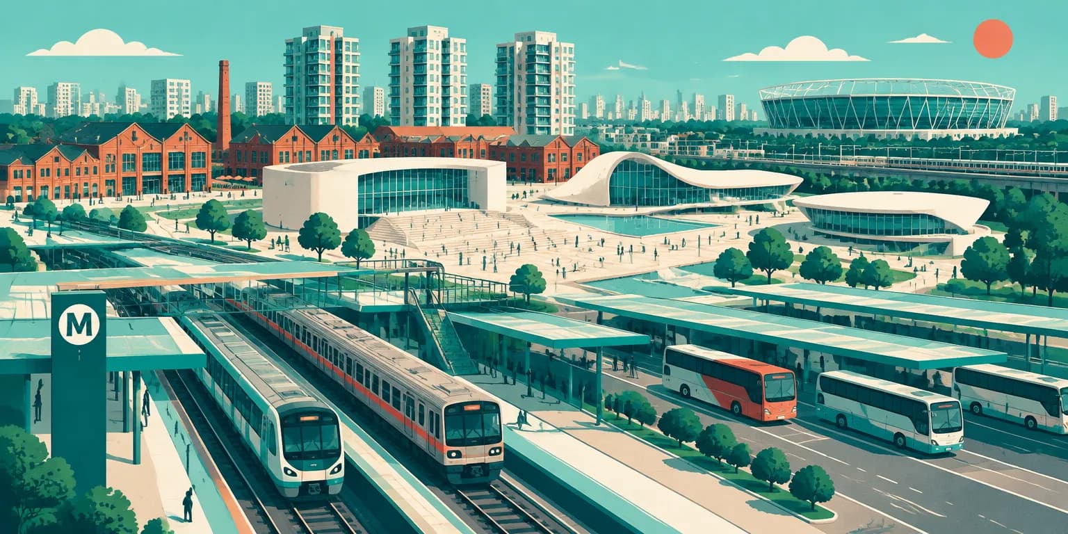 Ilustração da Barra Funda, em São Paulo: terminal com metrô, trem e ônibus, o Memorial da América Latina e prédios novos