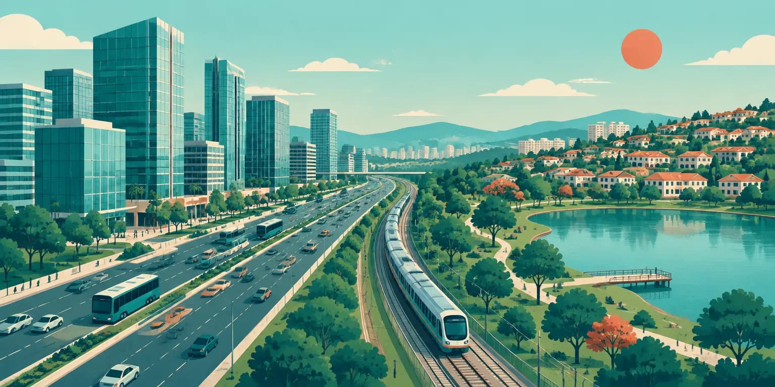 Ilustração de Barueri (SP): torres de escritórios de Alphaville, rodovia, trem e um parque com lago