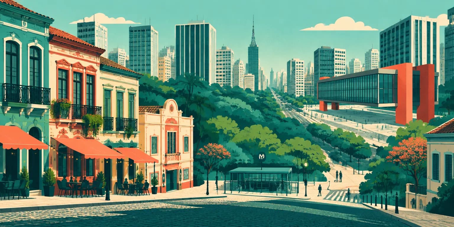 Ilustração da Bela Vista, em São Paulo: cantinas do Bixiga, entrada do metrô e o Masp entre os prédios da Paulista