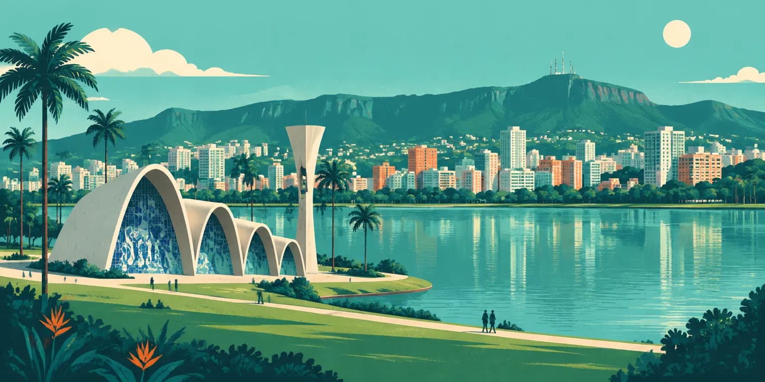 Ilustração de Belo Horizonte (MG): a igreja de curvas da Pampulha à beira da lagoa e a serra ao fundo