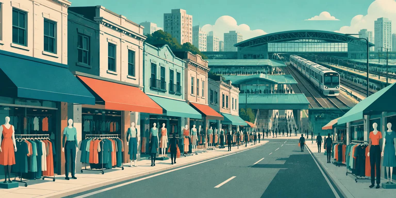 Ilustração do Brás, em São Paulo: rua de lojas de roupas com araras na calçada e trens na estação ao fundo