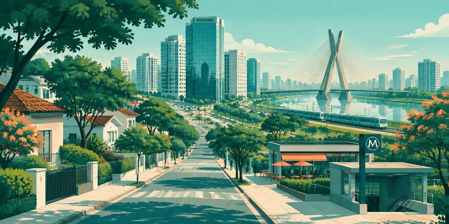 Ilustração do Brooklin, em São Paulo: rua de casas com metrô, torres de escritório e a Ponte Estaiada sobre o rio