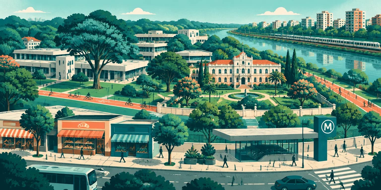 Ilustração do Butantã, em São Paulo: campus da USP com ciclovia, estação de metrô e trem ao lado do Rio Pinheiros
