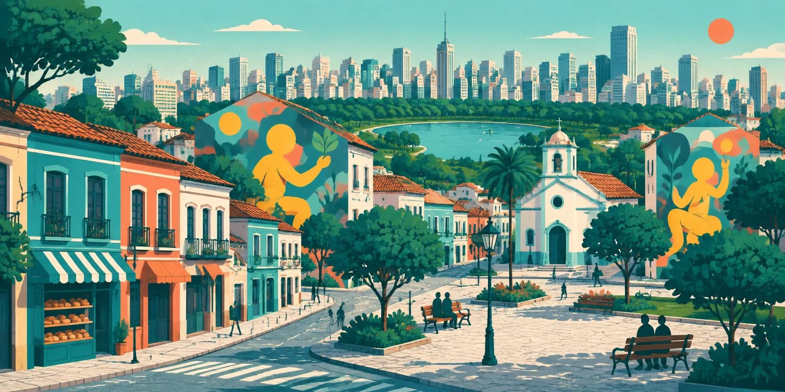 Ilustração do Cambuci, em São Paulo: rua de casas antigas com padaria, muros com grafites e os prédios do centro ao fundo