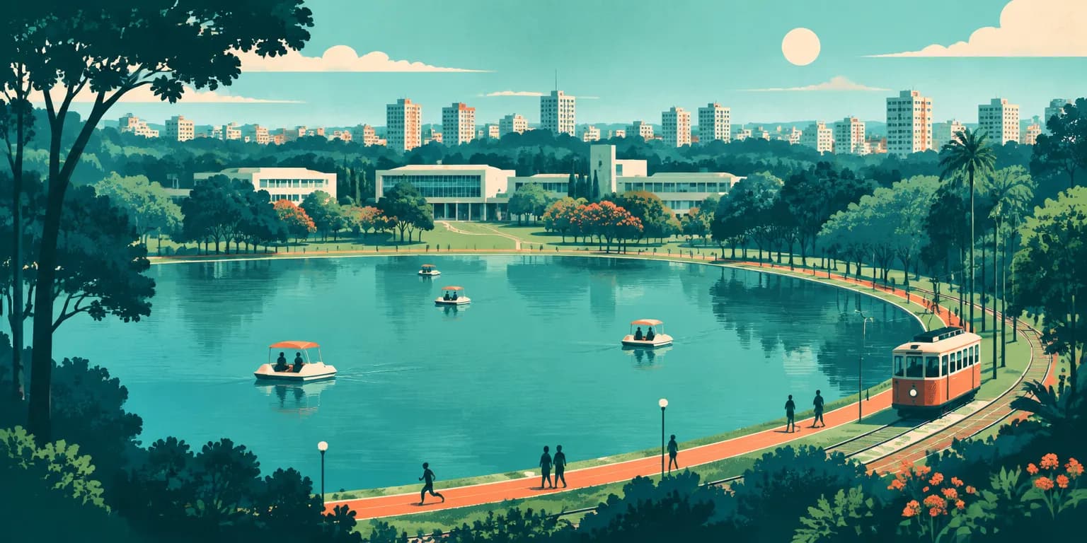 Ilustração de Campinas (SP): Lagoa do Taquaral com pedalinhos e bonde, e um campus ao fundo