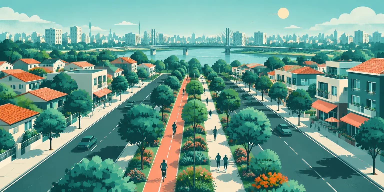 Ilustração da Casa Verde, em São Paulo: avenida com canteiro arborizado e ciclovia, sobrados e a ponte sobre o rio