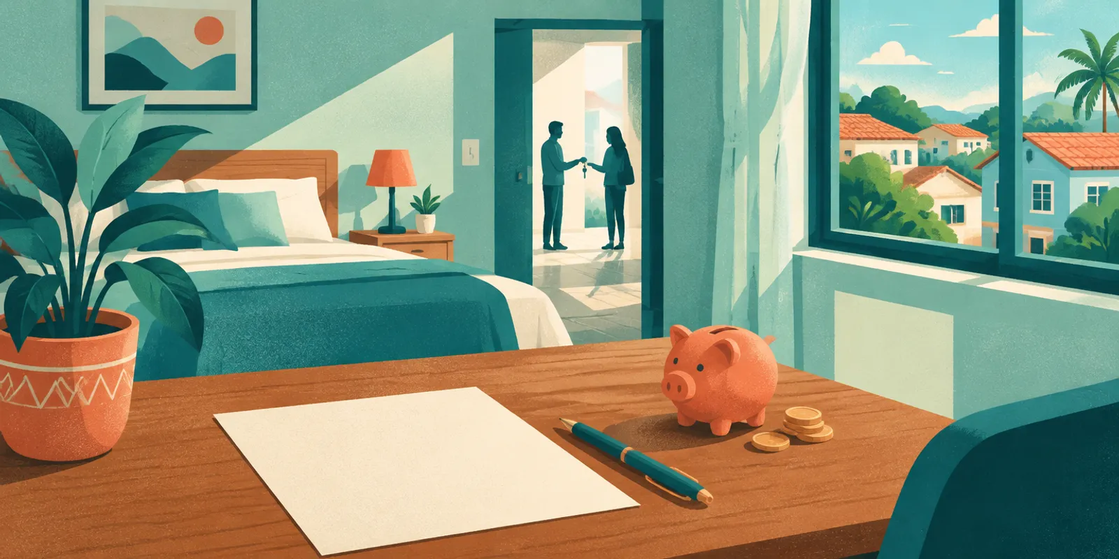 Ilustração de caução de aluguel: entrega de chave na porta de um quarto, com contrato e cofrinho sobre a mesa