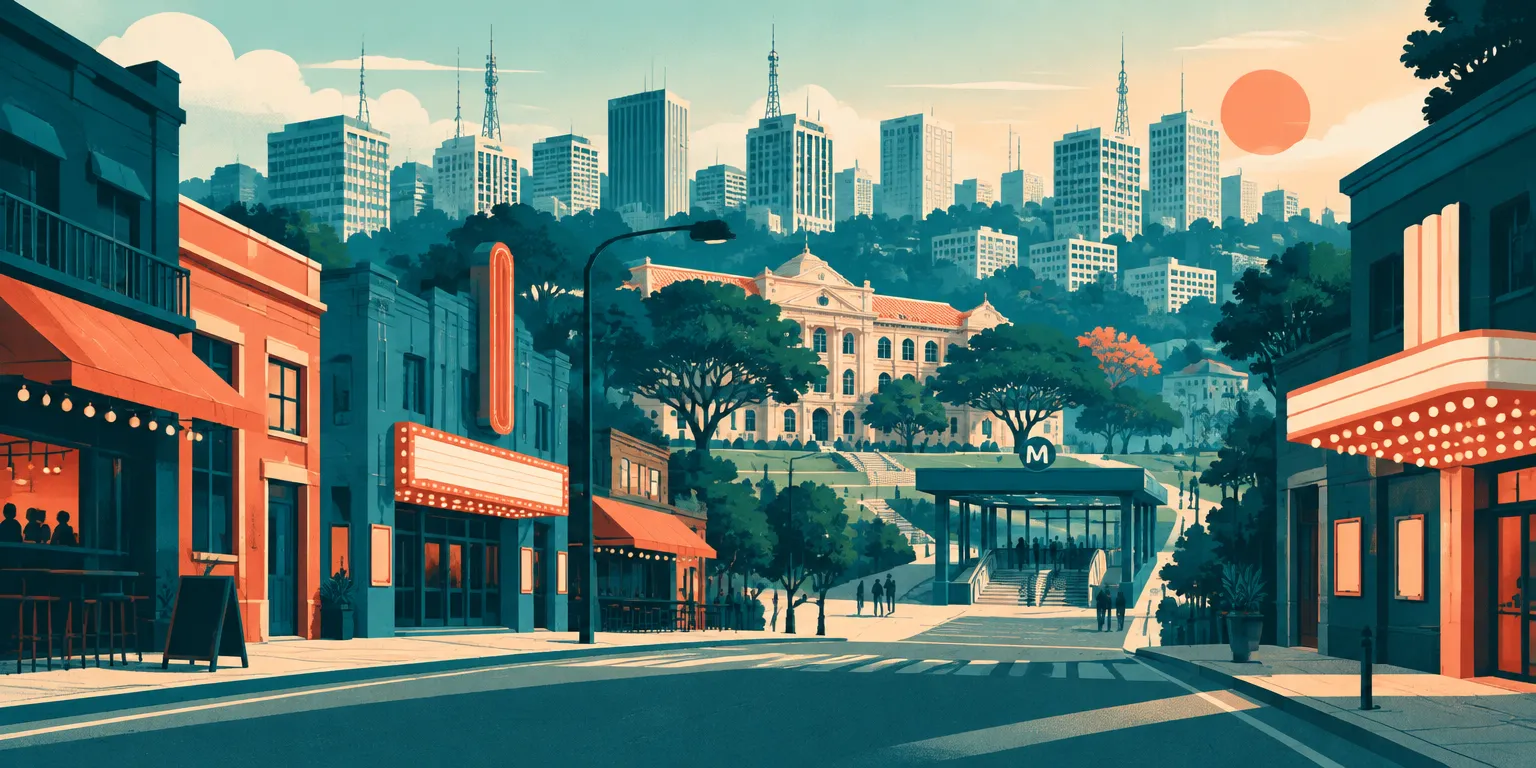 Ilustração da Consolação, em São Paulo: rua de bares e cinema, campus da universidade, metrô e prédios da Paulista