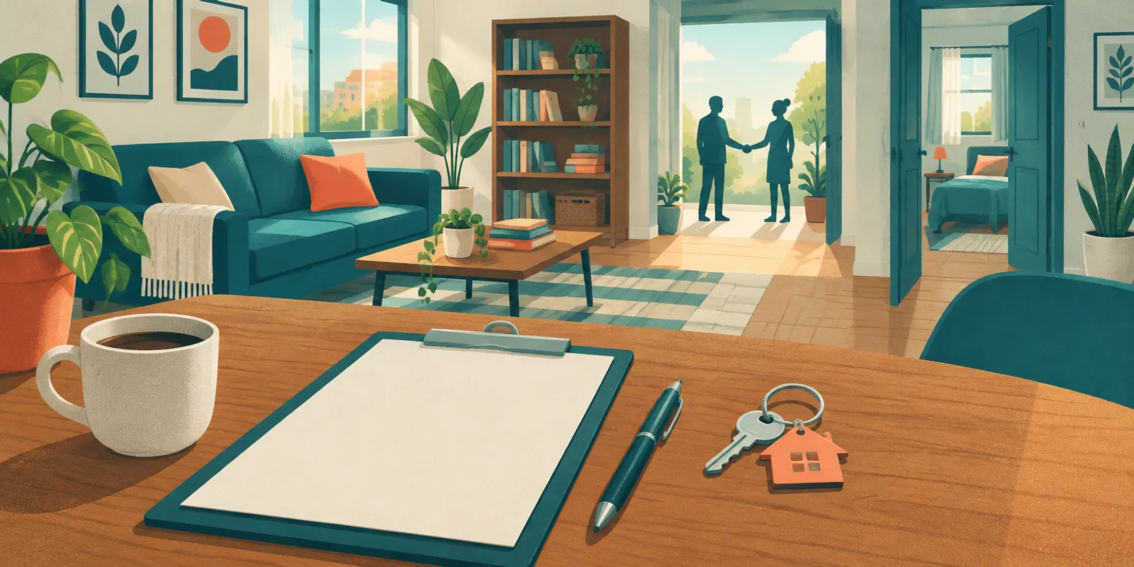 Ilustração de contrato de aluguel de quarto: prancheta com contrato, caneta e chaves sobre a mesa de uma casa compartilhada