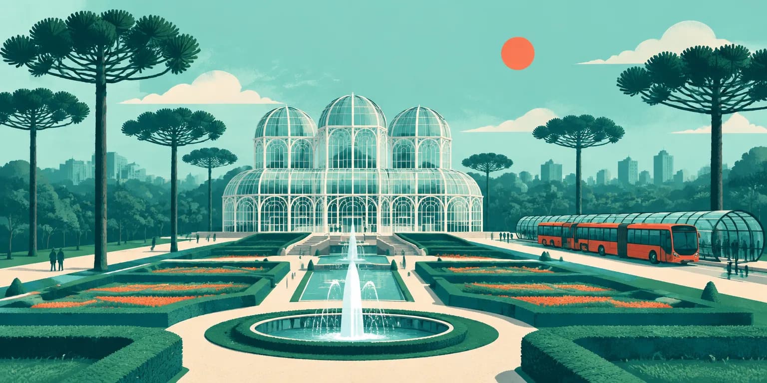 Ilustração de Curitiba (PR): estufa do Jardim Botânico, ônibus numa estação-tubo e araucárias