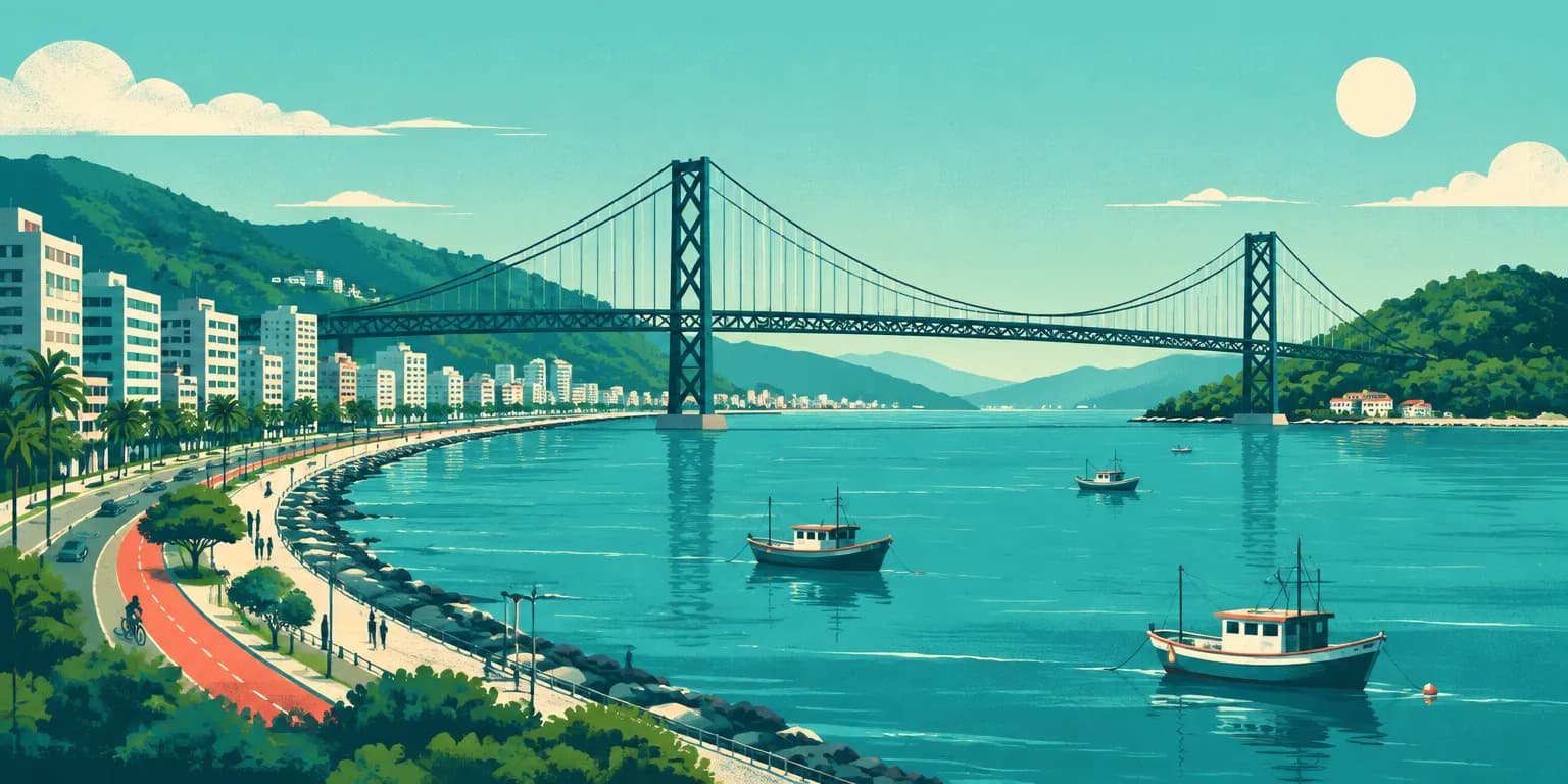 Ilustração de Florianópolis (SC): a ponte pênsil Hercílio Luz entre a ilha e o continente, com barcos