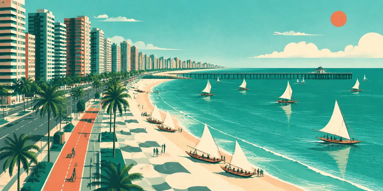 Ilustração de Fortaleza (CE): a Avenida Beira-Mar com calçadão e coqueiros, prédios e jangadas no mar