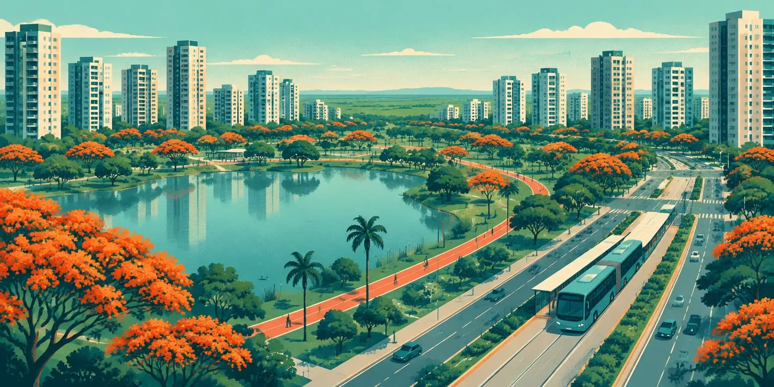 Ilustração de Goiânia (GO): parque com lago e flamboyants cercado de prédios, e ônibus no corredor
