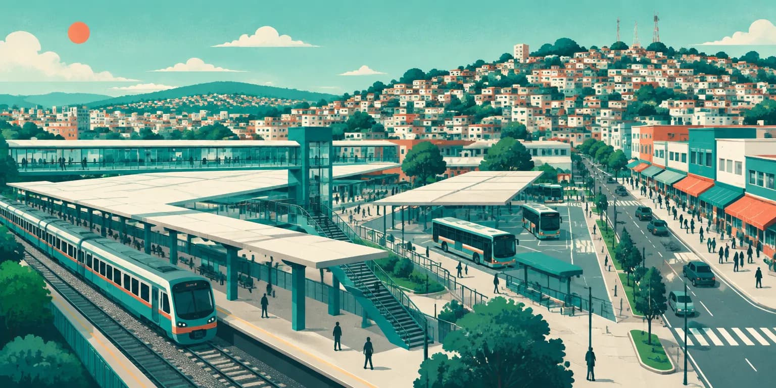 Ilustração de Guaianases, em São Paulo: trem na estação, terminal de ônibus, rua de comércio e morros com casas