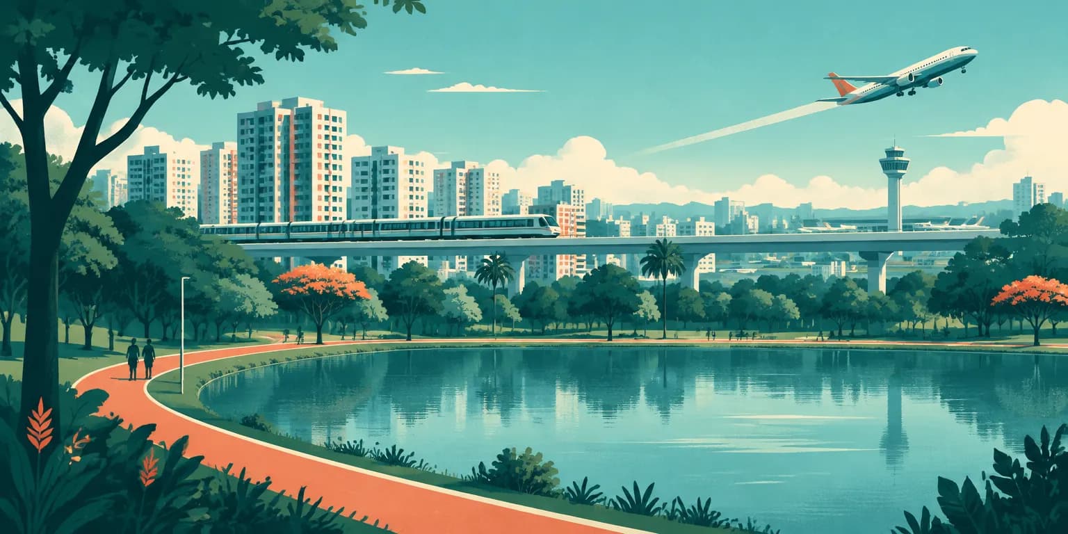 Ilustração de Guarulhos (SP): parque com lago, trem elevado e um avião decolando ao fundo