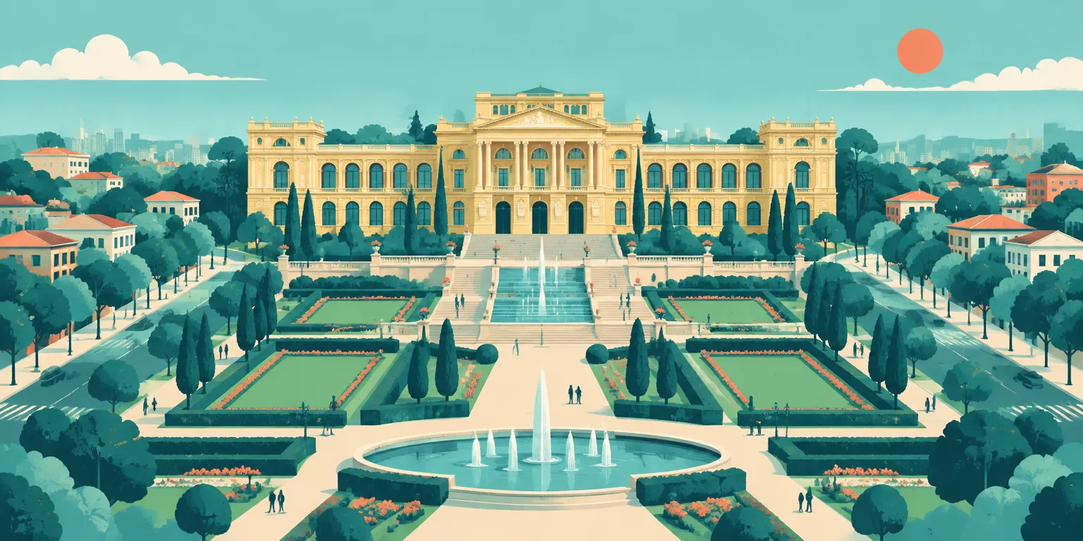 Ilustração do Ipiranga, em São Paulo: o palácio amarelo do Museu do Ipiranga e os jardins com fontes