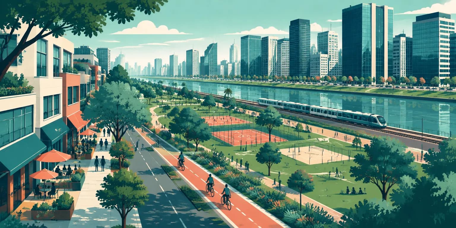Ilustração do Itaim Bibi, em São Paulo: restaurantes com ciclovia, parque à beira do rio e torres de escritório