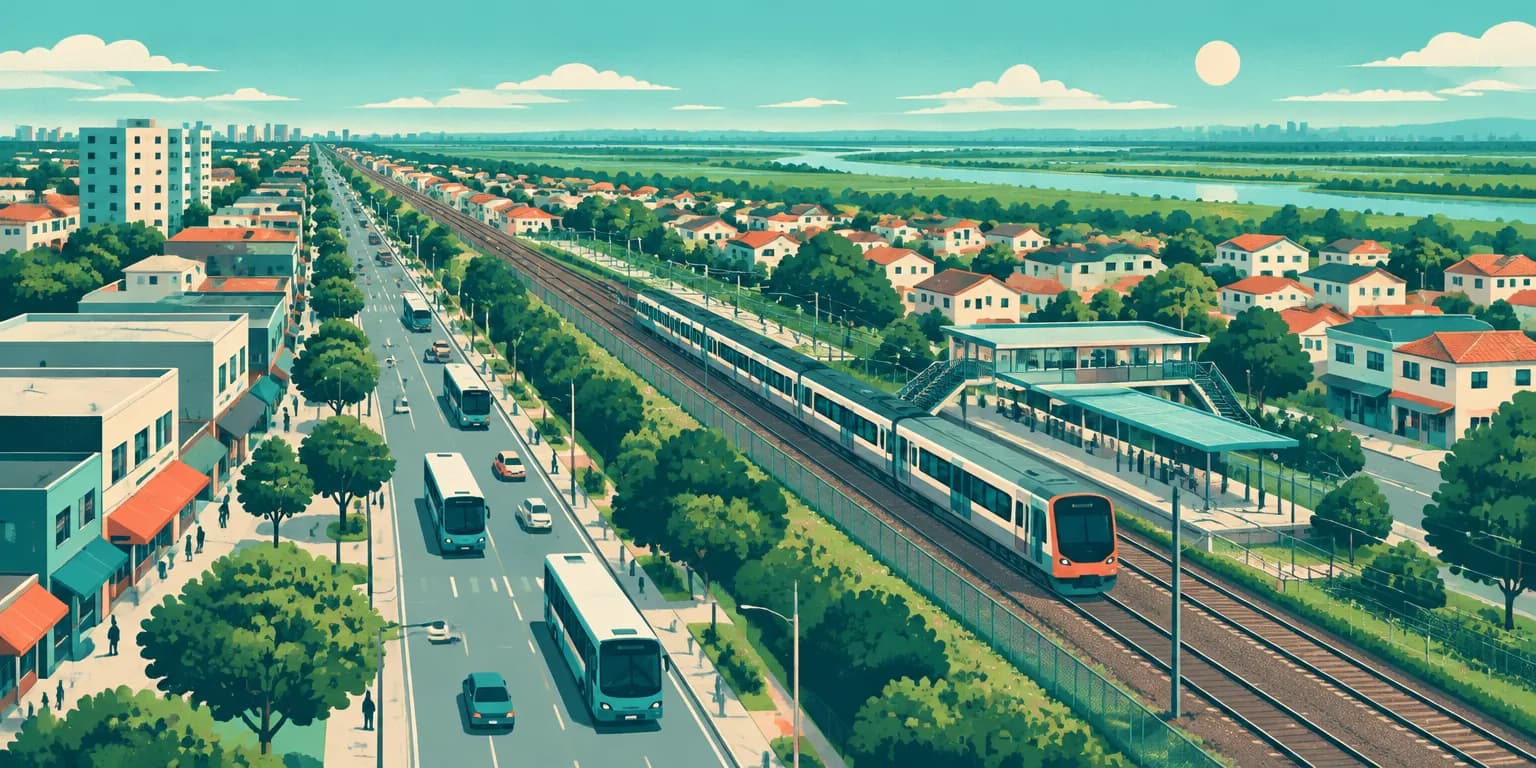Ilustração do Itaim Paulista, em São Paulo: avenida de comércio com ônibus ao lado da linha do trem e da estação