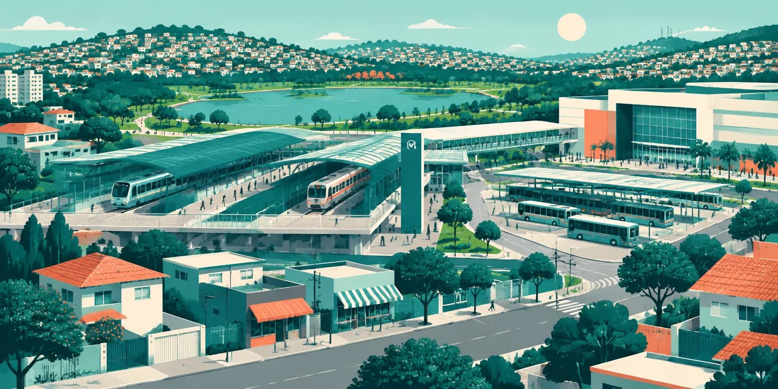 Ilustração de Itaquera, em São Paulo: terminal com metrô, trem e ônibus, shopping ao lado e ruas de casas