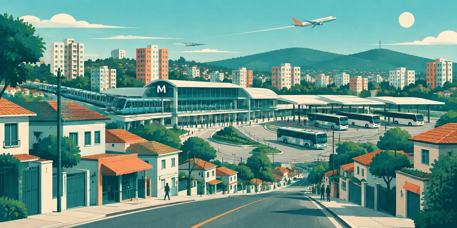 Ilustração do Jabaquara, em São Paulo: rua residencial, estação de metrô com trem azul, terminal de ônibus e avião