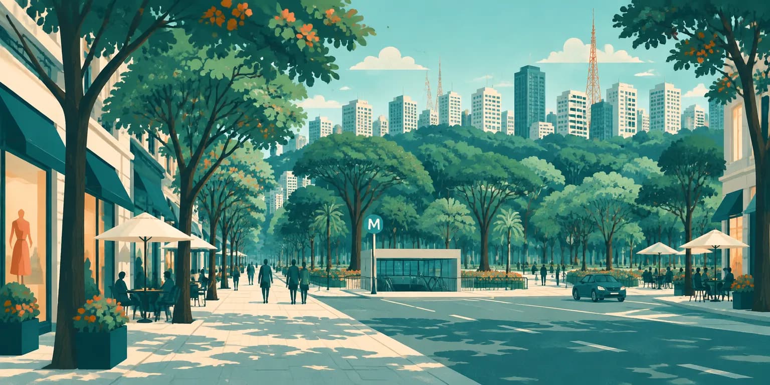 Ilustração do Jardim Paulista, em São Paulo: rua arborizada com lojas e cafés, entrada do metrô e os prédios da Paulista