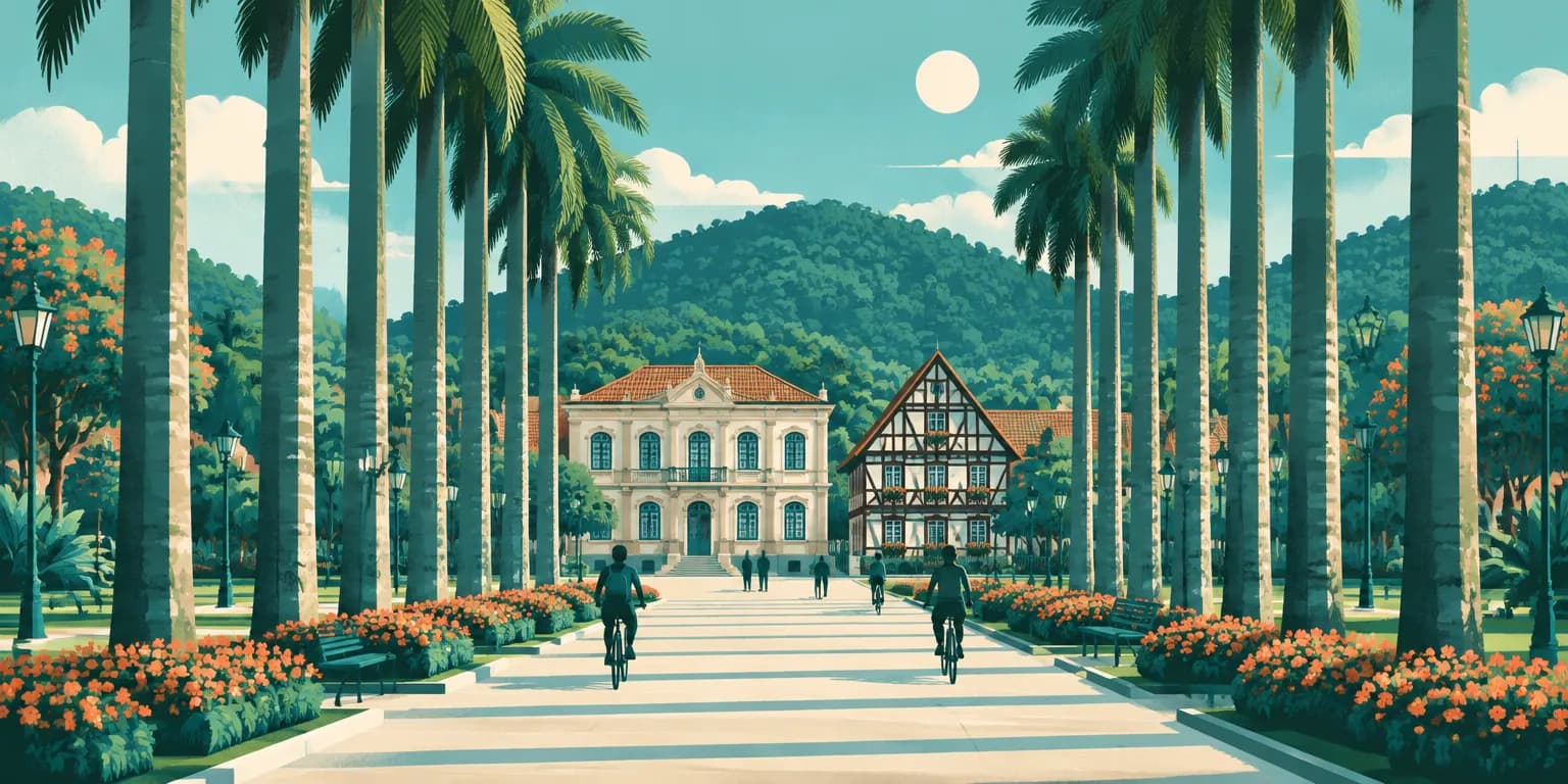 Ilustração de Joinville (SC): a Rua das Palmeiras, uma casa enxaimel, ciclistas e morros verdes ao fundo