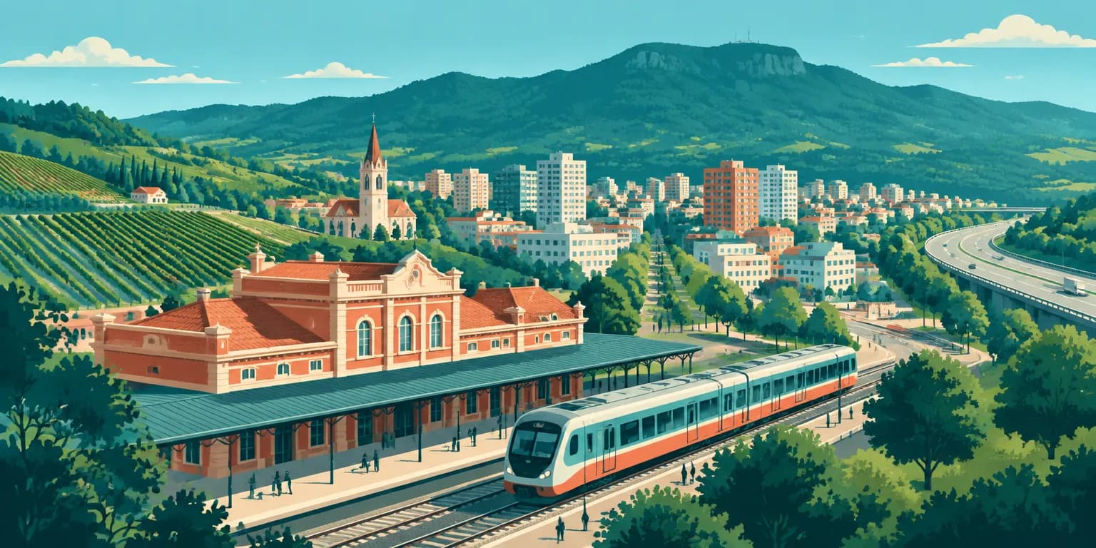 Ilustração de Jundiaí (SP): estação de trem histórica, vinhedos e a Serra do Japi ao fundo