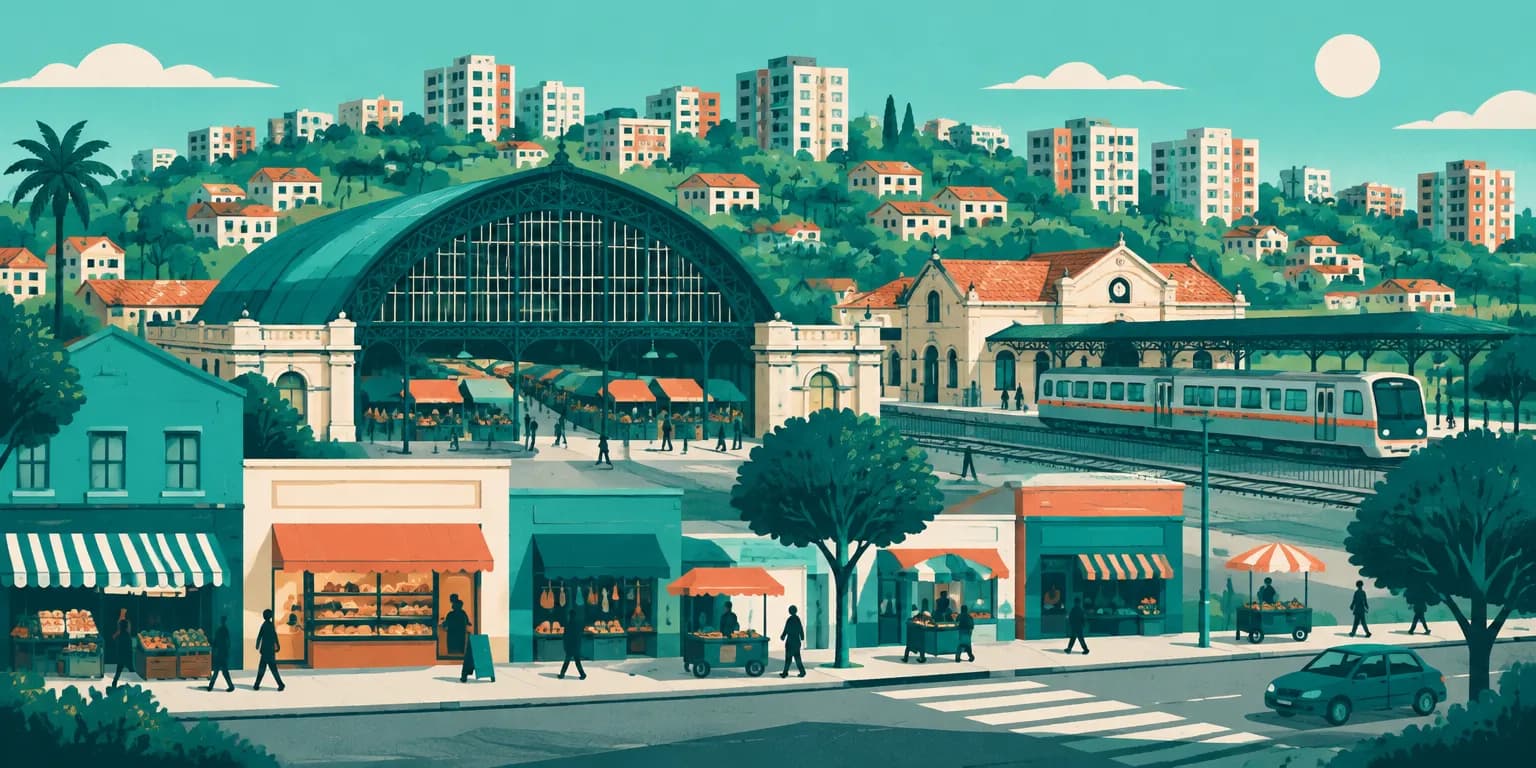 Ilustração da Lapa, em São Paulo: rua de comércio, mercado municipal de telhado em arco, estação de trem e casas no morro