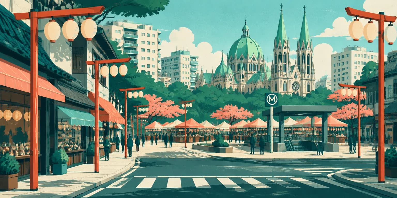 Ilustração da Liberdade, em São Paulo: rua de luminárias vermelhas, feira na praça, metrô e a Catedral da Sé ao fundo