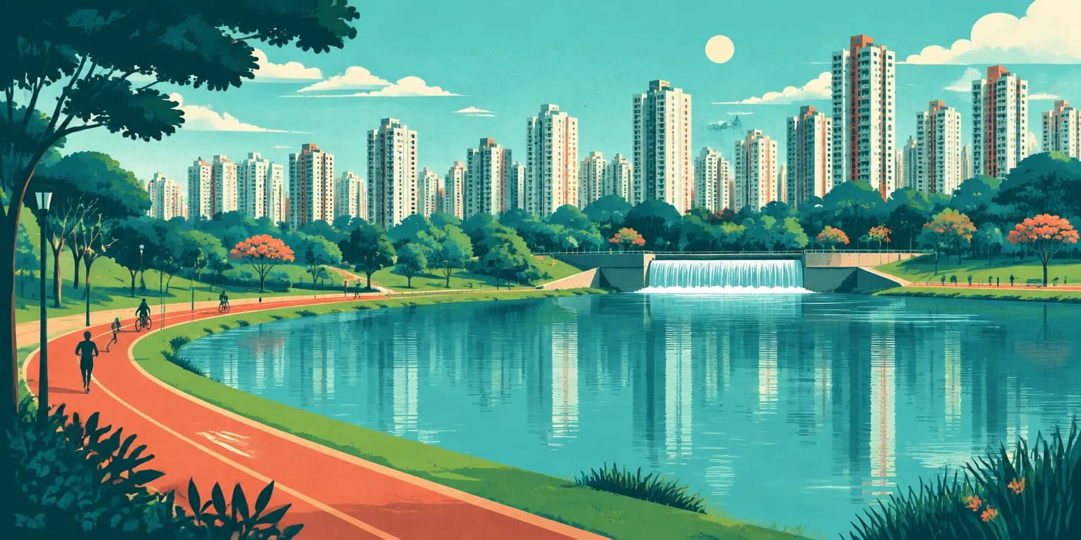 Ilustração de Londrina (PR): o Lago Igapó com pista de caminhada e os prédios altos ao fundo