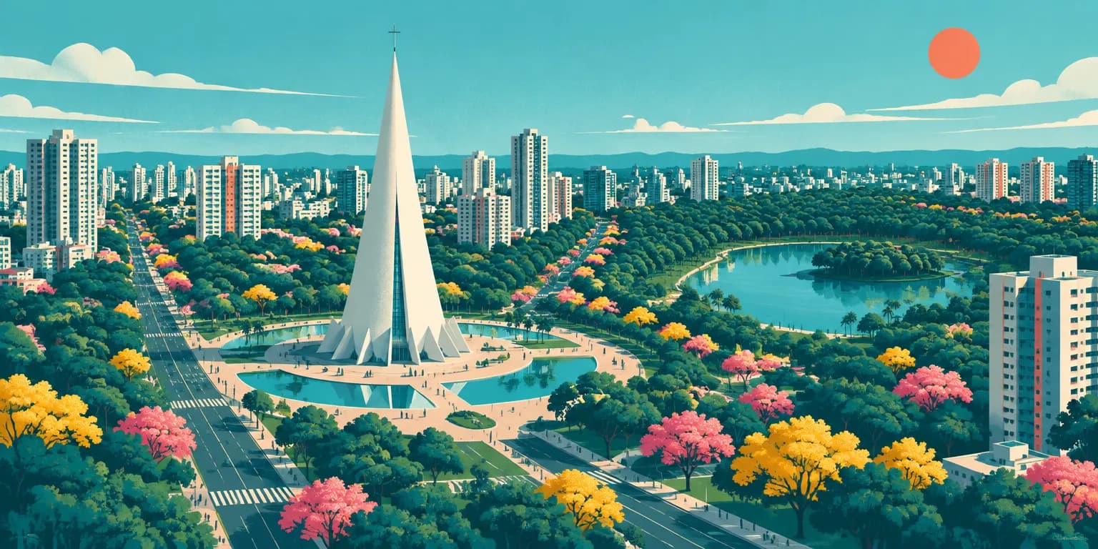 Ilustração de Maringá (PR): a catedral branca em forma de cone, avenidas arborizadas e um parque com lago
