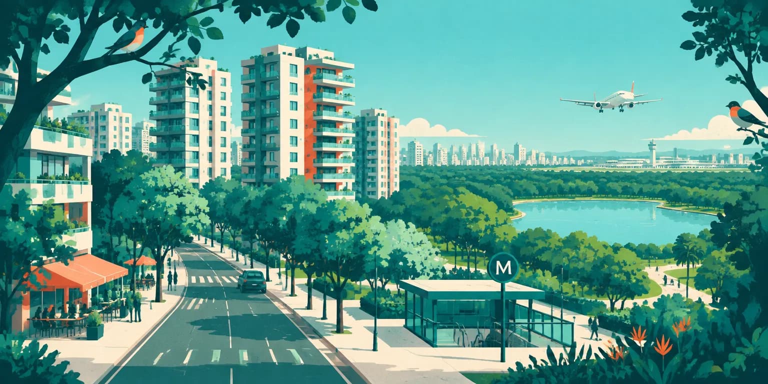 Ilustração de Moema, em São Paulo: rua arborizada com metrô, prédios residenciais, o lago do Ibirapuera e um avião