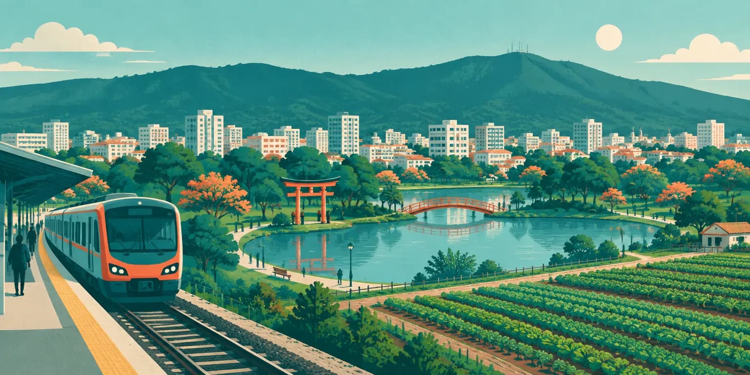 Ilustração de Mogi das Cruzes (SP): trem na estação, parque com portal japonês, hortas e a Serra do Itapeti
