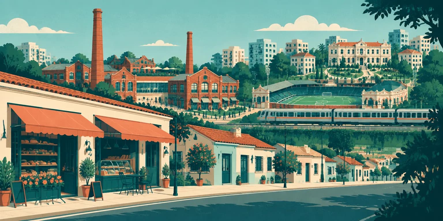 Ilustração da Mooca, em São Paulo: padaria de toldo coral, fábricas de tijolo com chaminés, estádio e trem passando
