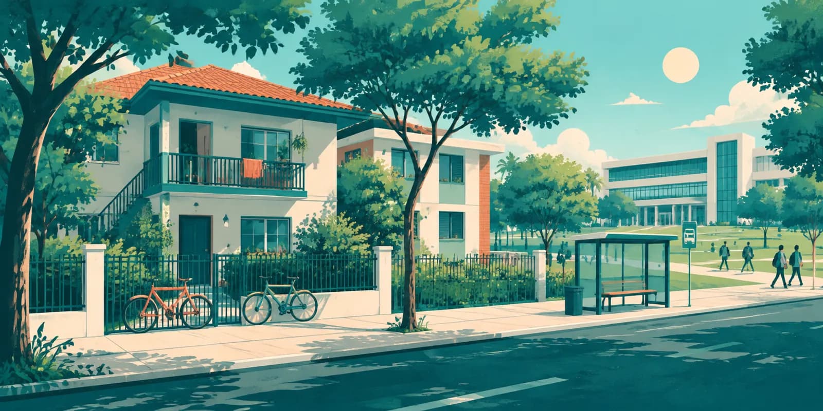 Ilustração de moradia estudantil: casa compartilhada com bicicletas no portão, ponto de ônibus e prédio da universidade ao fundo