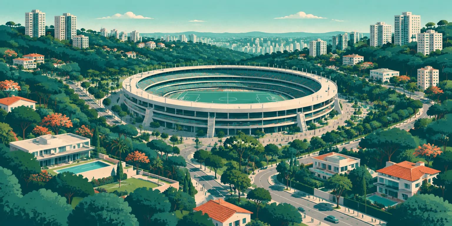 Ilustração do Morumbi, em São Paulo: estádio oval de concreto entre morros arborizados, casas e prédios
