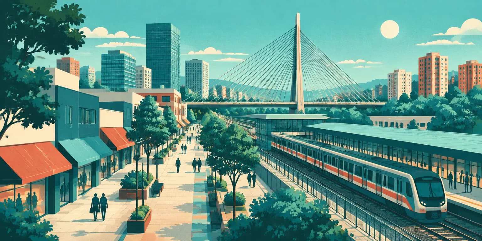 Ilustração de Osasco (SP): calçadão de comércio no centro, trem na estação e ponte estaiada ao fundo
