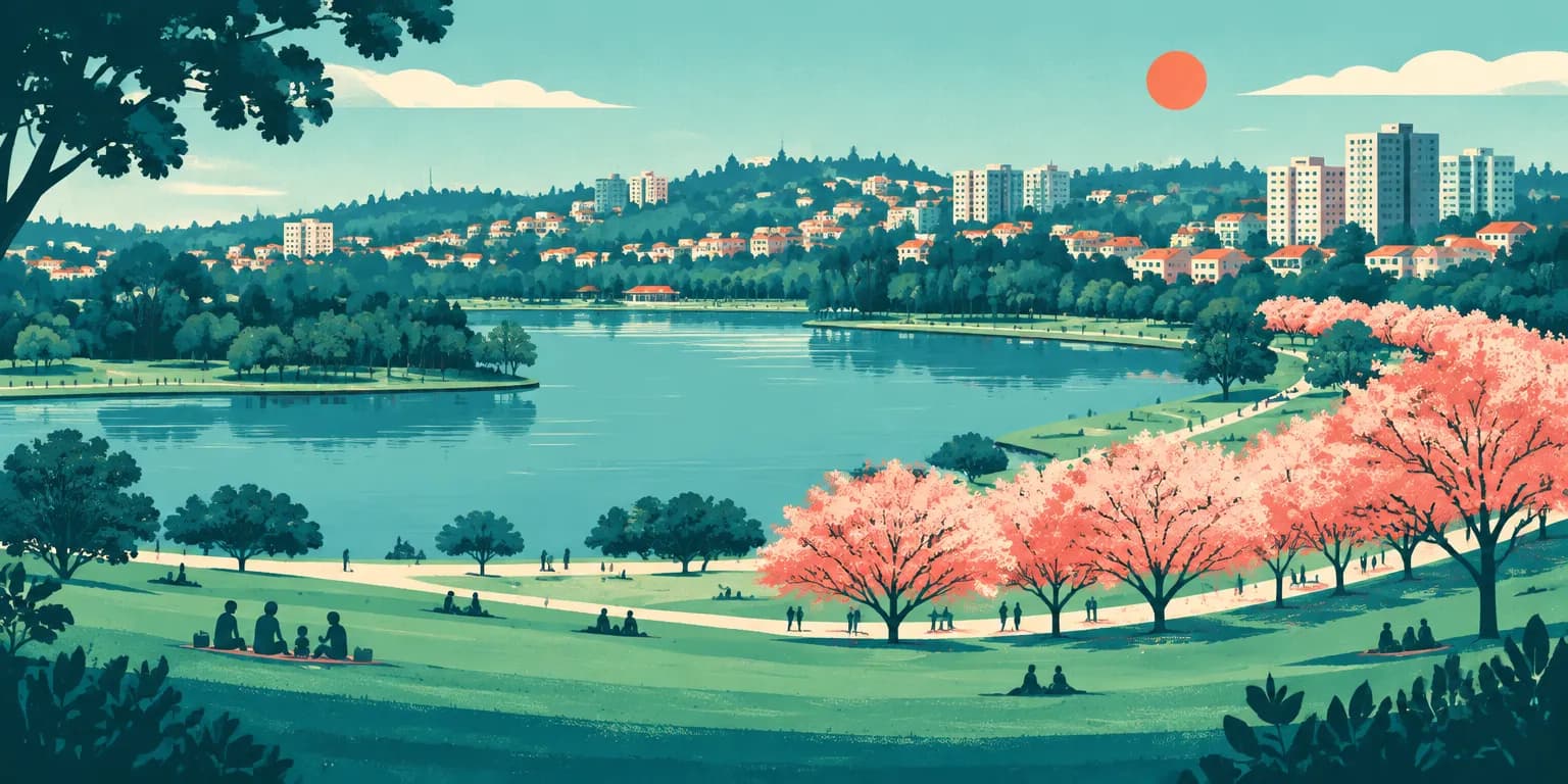 Ilustração do Parque do Carmo, em São Paulo: parque com lago e cerejeiras floridas, e prédios ao fundo