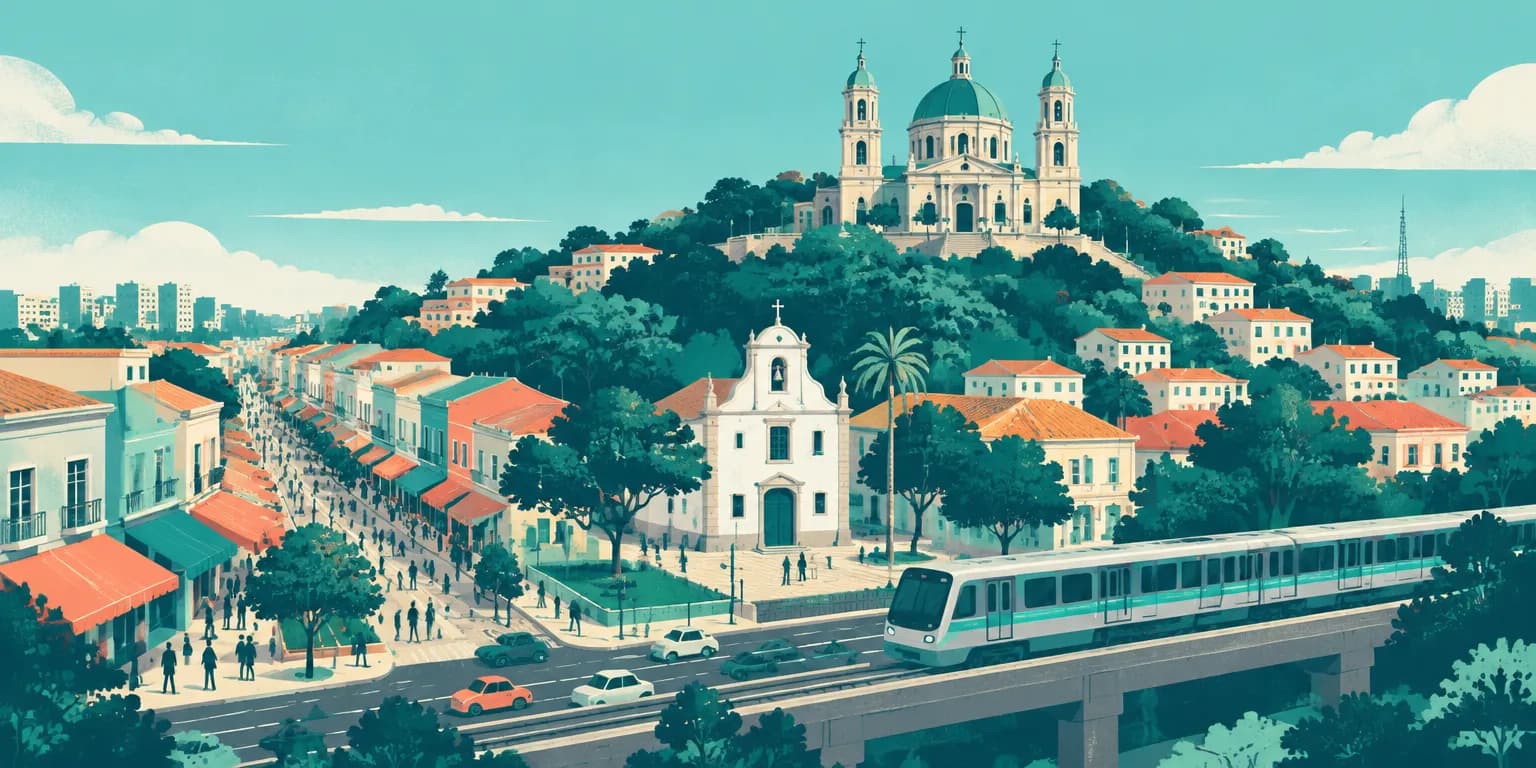 Ilustração da Penha, em São Paulo: basílica com torres e cúpula no alto da colina, rua de comércio e metrô