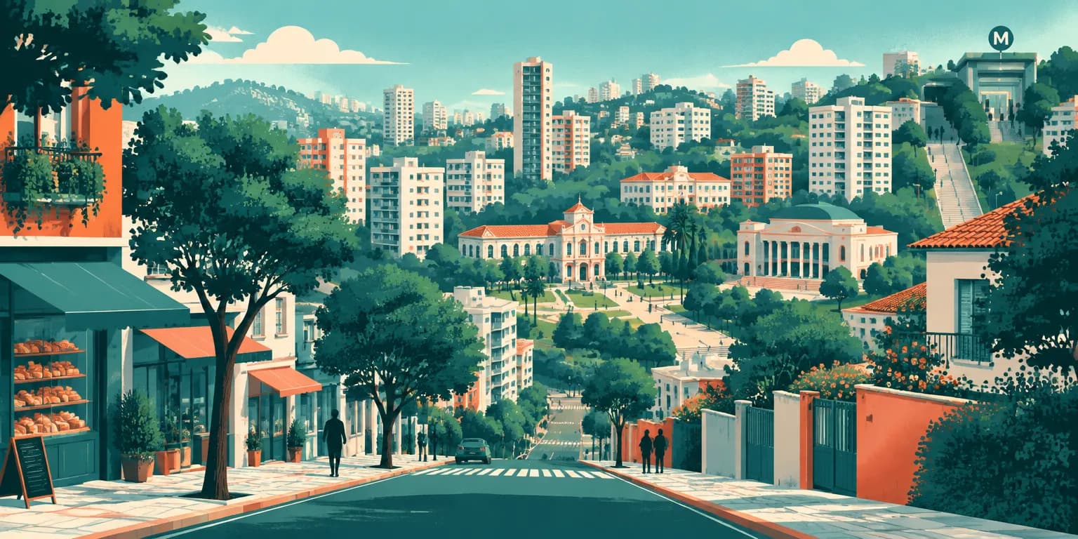 Ilustração de Perdizes, em São Paulo: rua em ladeira com padaria, prédios nas colinas e o campus da universidade