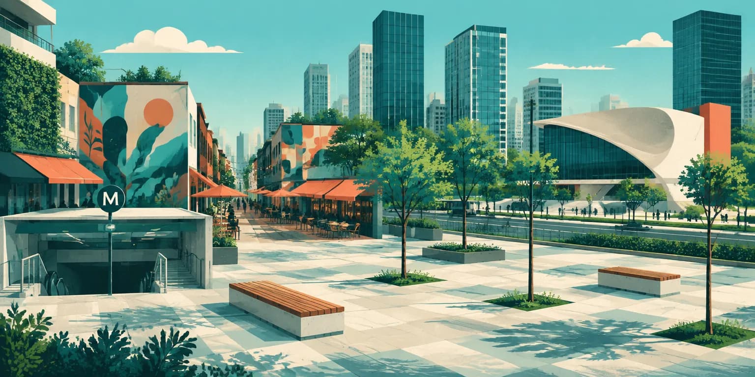 Ilustração de Pinheiros, em São Paulo: Largo da Batata com metrô, rua de murais e bares, torres da Faria Lima