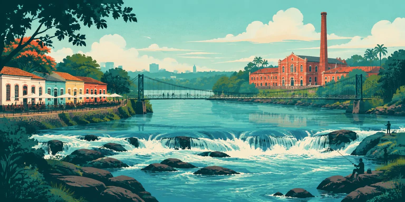 Ilustração de Piracicaba (SP): rio com corredeiras, casas da Rua do Porto e o Engenho Central de tijolos