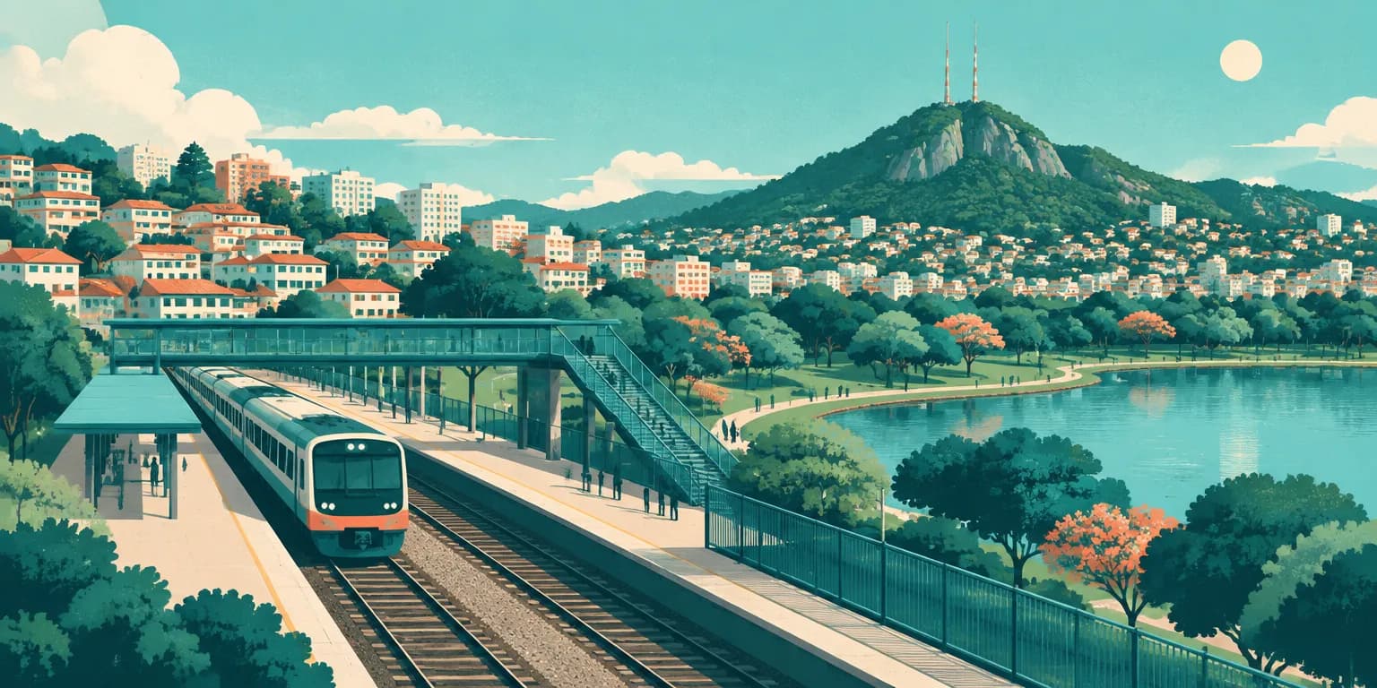 Ilustração de Pirituba, em São Paulo: trem chegando à estação, morros com casas e o Pico do Jaraguá ao fundo