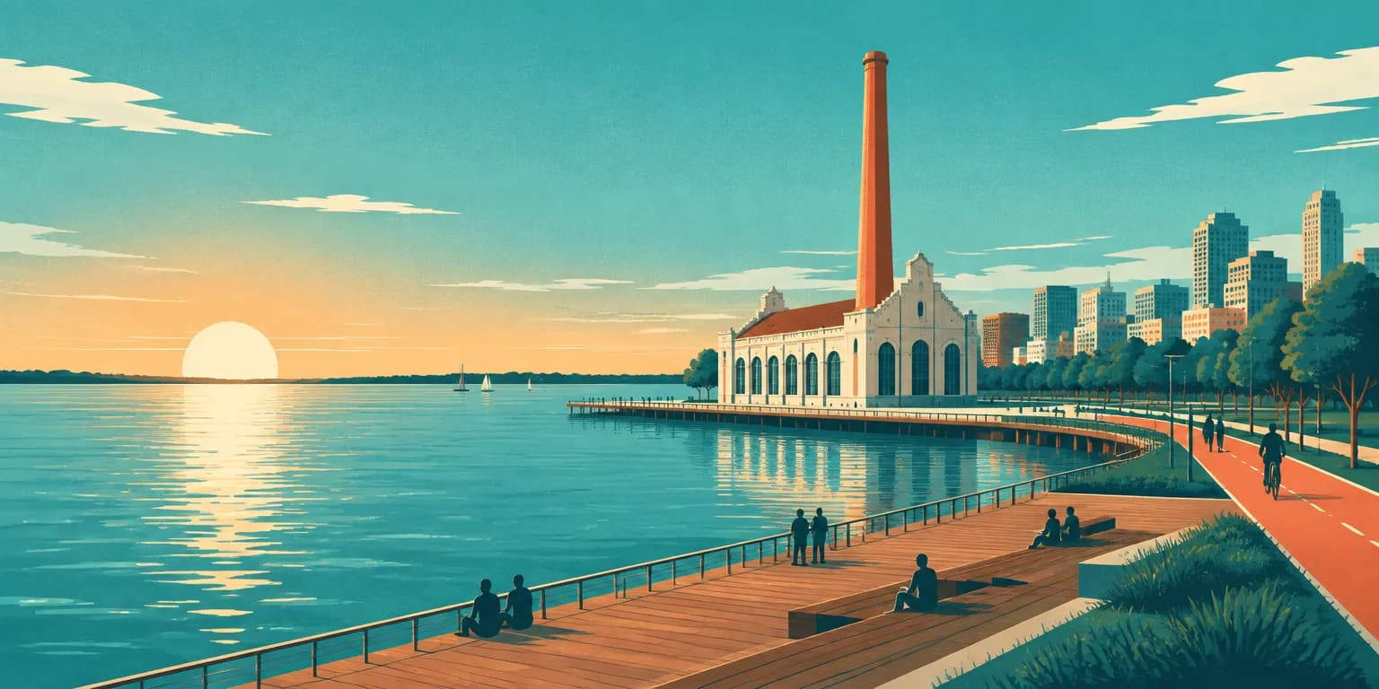 Ilustração de Porto Alegre (RS): a Usina do Gasômetro com a chaminé, a orla do Guaíba e o sol baixo