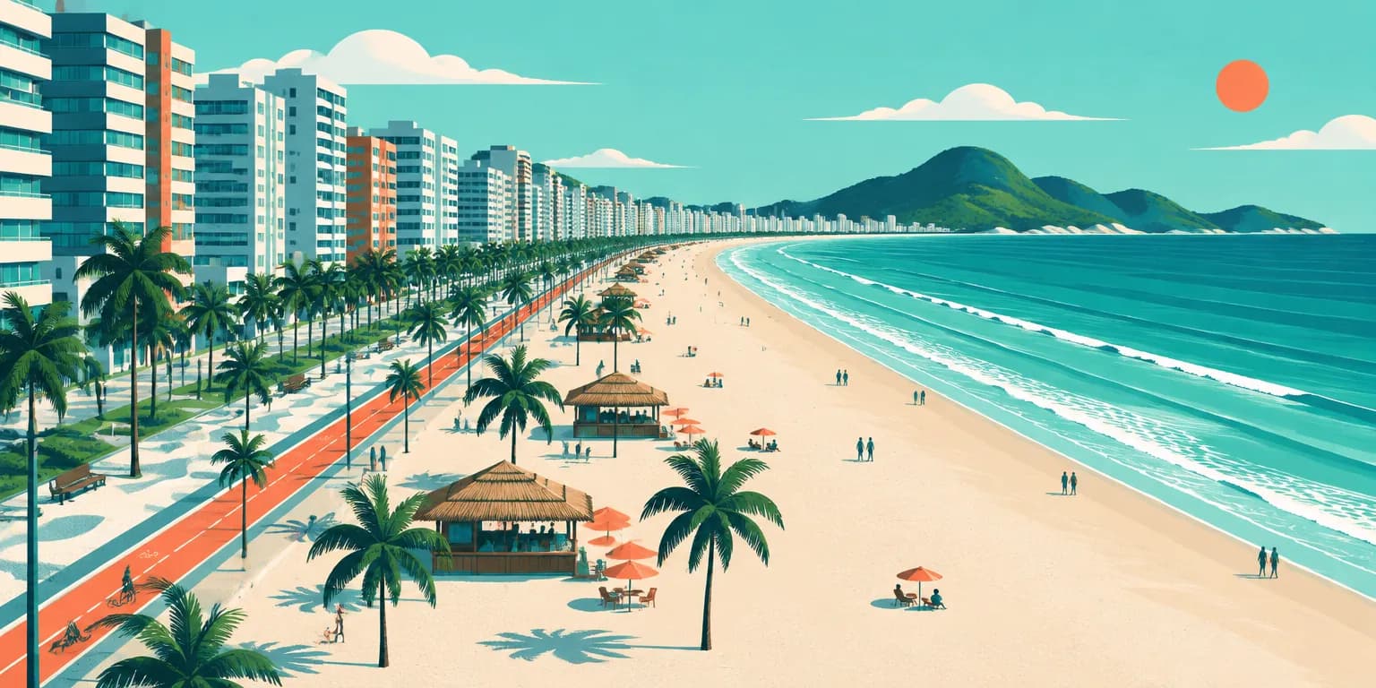Ilustração de Praia Grande (SP): praia longa com calçadão, ciclovia, quiosques e prédios de frente para o mar