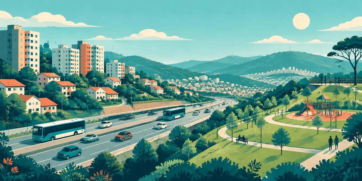 Ilustração de Raposo Tavares, em São Paulo: rodovia com ônibus entre morros, prédios residenciais e um parque
