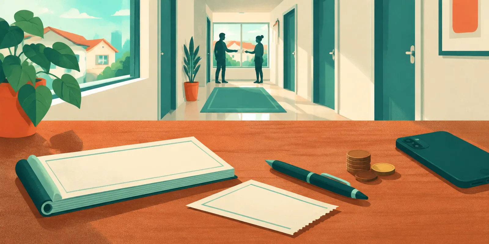 Ilustração de recibo de aluguel: bloco de recibos, caneta e moedas sobre a mesa, com a entrega do recibo ao fundo