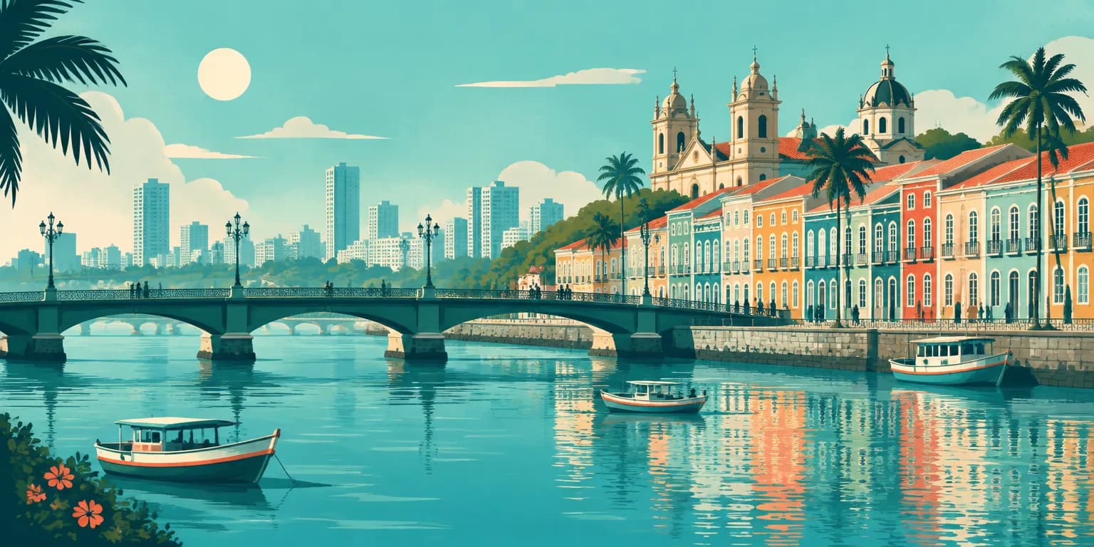 Ilustração de Recife (PE): rio com pontes antigas, sobrados coloridos à beira d'água e torres de igreja