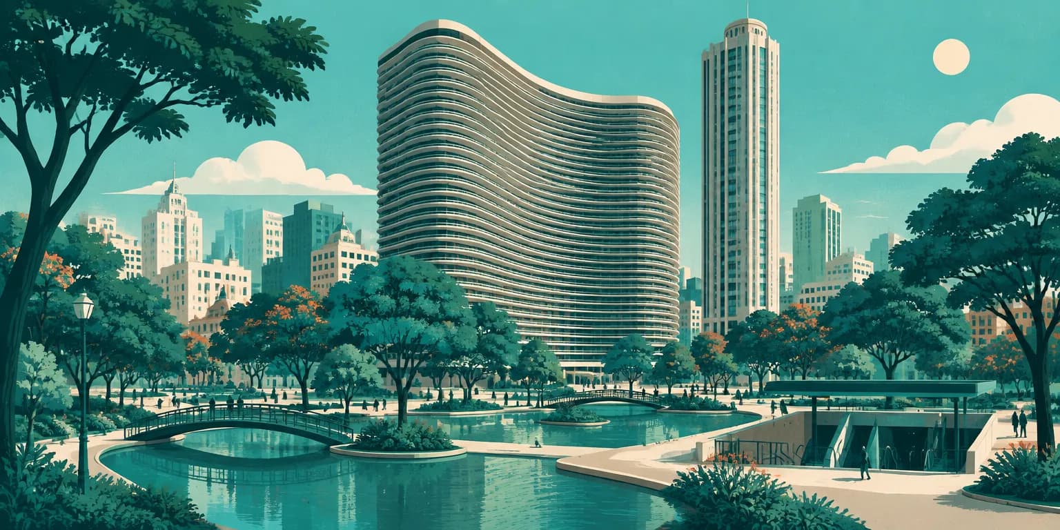 Ilustração da República, em São Paulo: o prédio curvo do Copan, uma torre ao lado e a praça arborizada