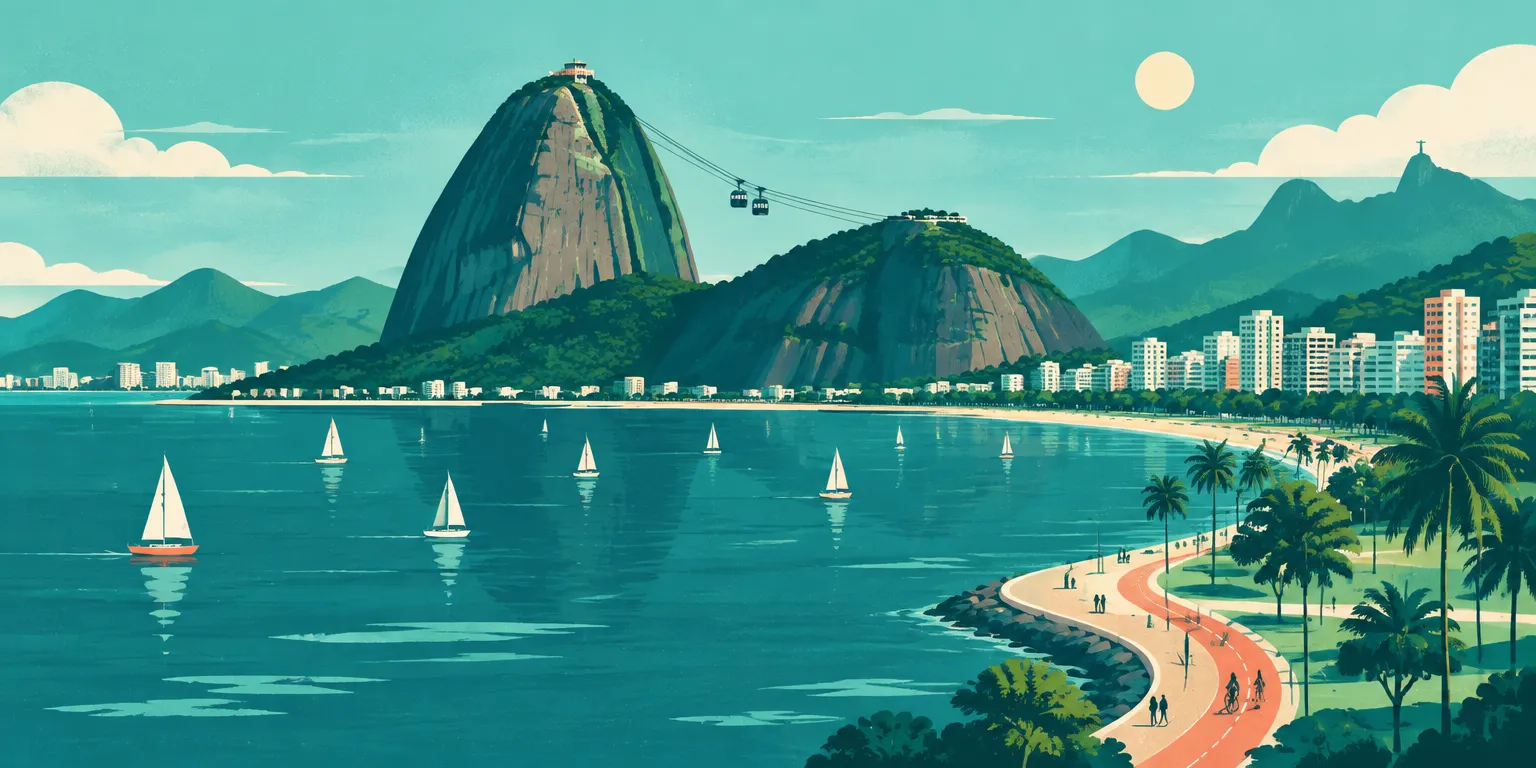 Ilustração do Rio de Janeiro (RJ): Pão de Açúcar com o bondinho, a enseada com veleiros e a orla